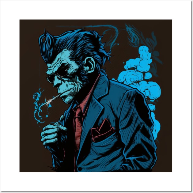 Mafia macaque in Anime Art Style Blue and Black Wall Art by Snoe